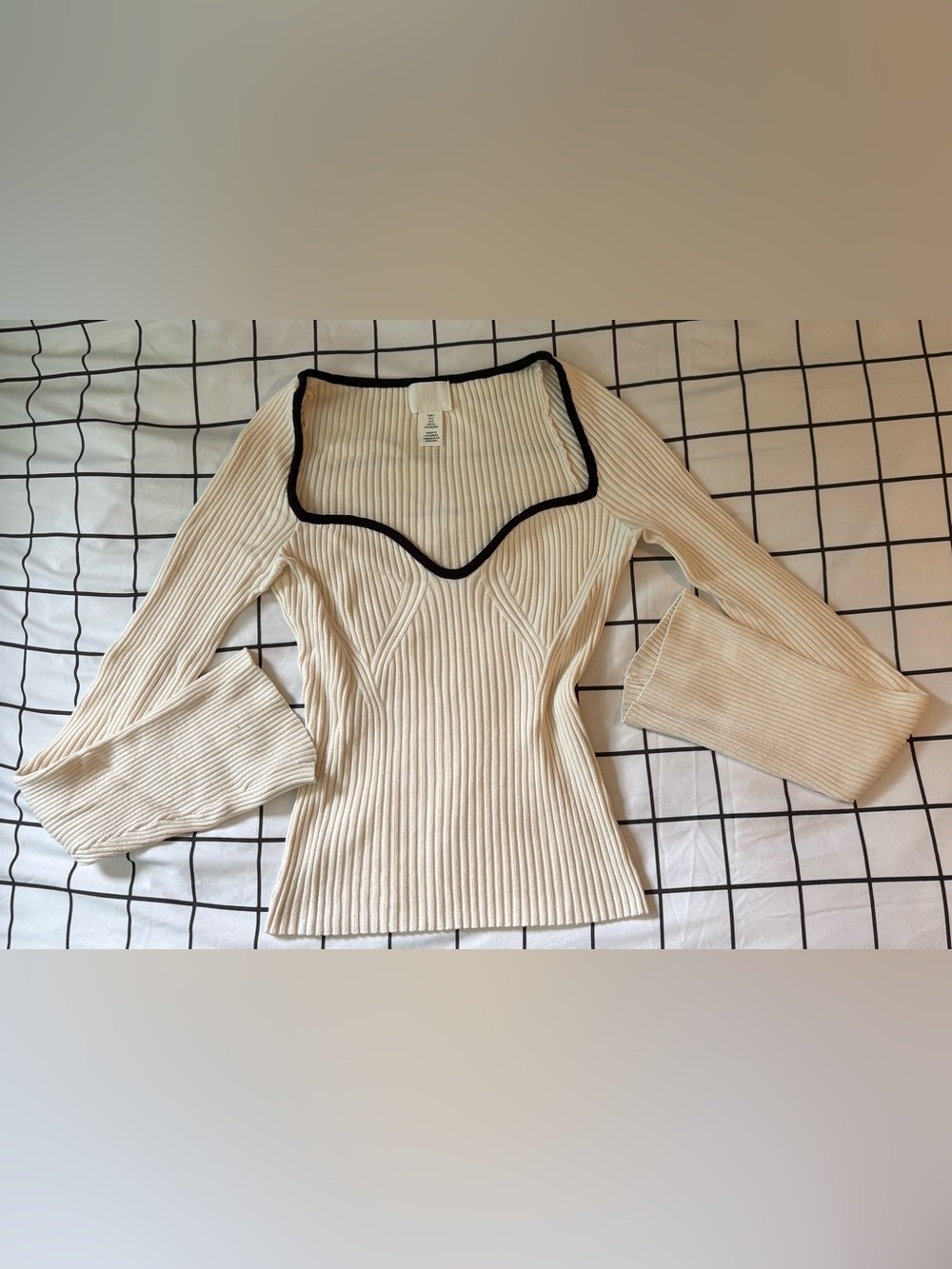 Cream Ribbed Wide Long Sleeve Top with Black Trim H&M